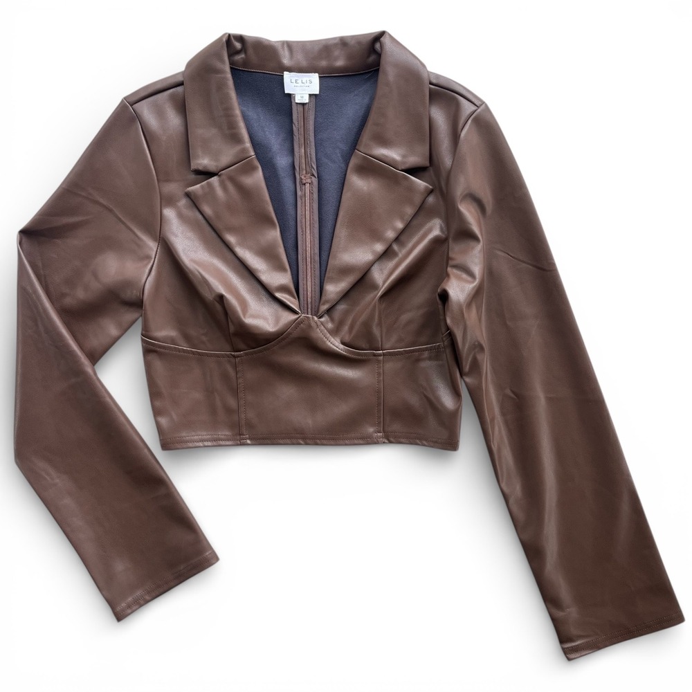 LE LIS Women's M Brown Faux Leather Alanna Long Sleeve Collar Cropped Corset Top